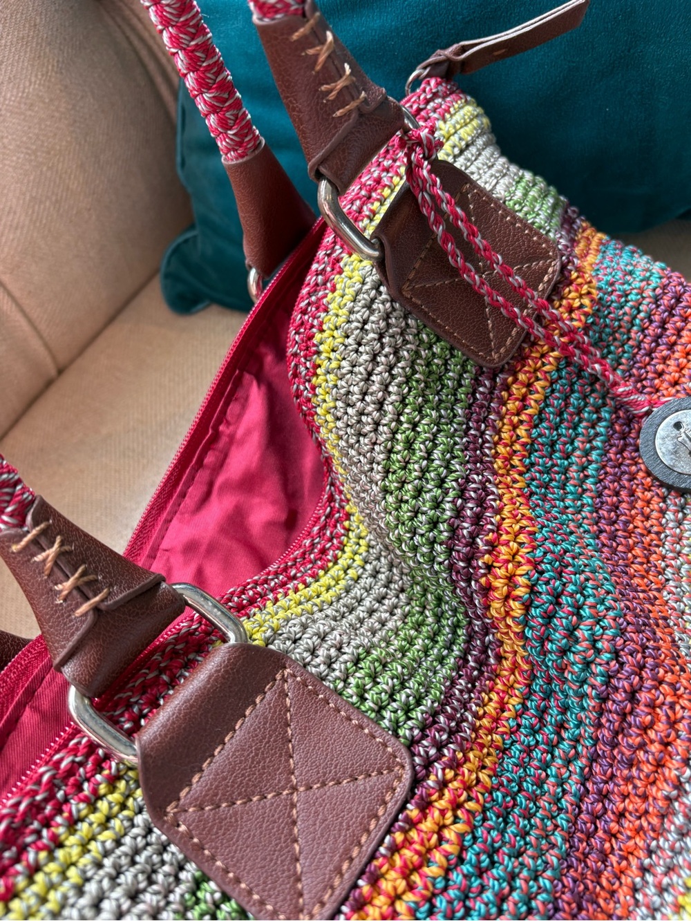 The Sak Crochet Knit Multicolor Tote Shoulder Bag Boho Striped Large Zip Top - Picture 9 of 10